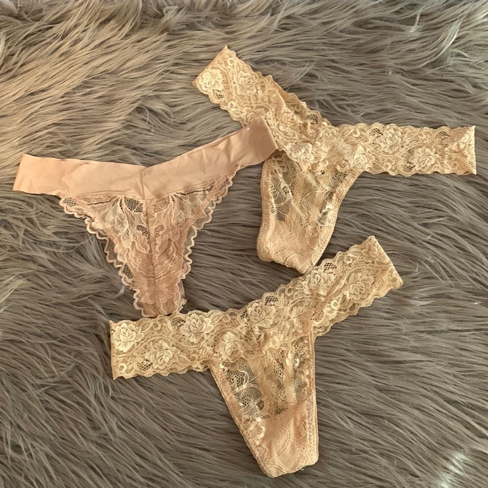 Lot of 3 super soft lace v string Thong Panties Underwear XS/S Nude